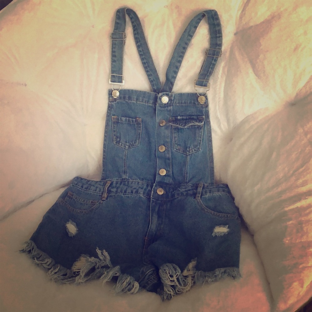 Distressed denim overall shorts